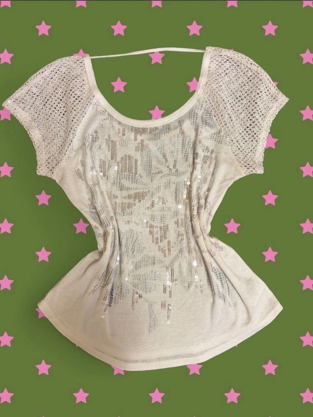 Miss Me Cream Sequin & Crochet Short Sleeve